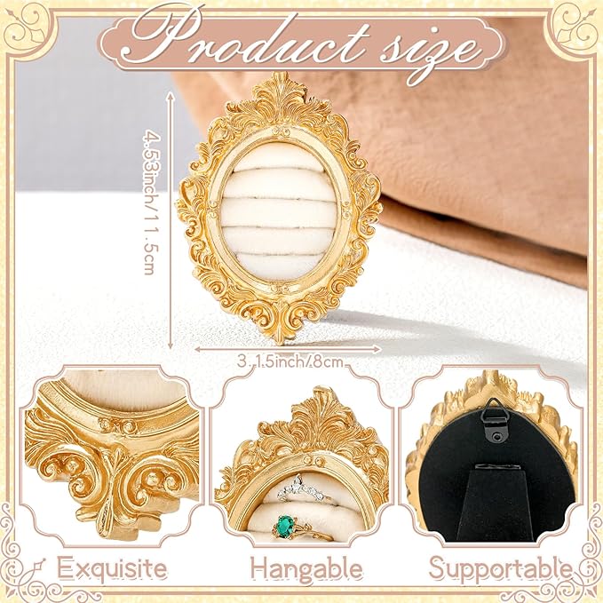 Vintage Ring Holder Oval Light Gold Ring Display Stand Frame Earring Display Tray Anniversary Engagement Baroque Wedding Jewelry Organizer Photograph Prop for Women Christmas Gift