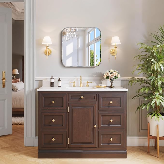 CILIBER Beveled Frameless Mirror, 18x18 Square Bathroom Mirror Rounded Corner, 18 inch Frameless Vanity Mirror, Shatterproof Lightweight Design Wall Mirror for Bedroom Living Room Entryway