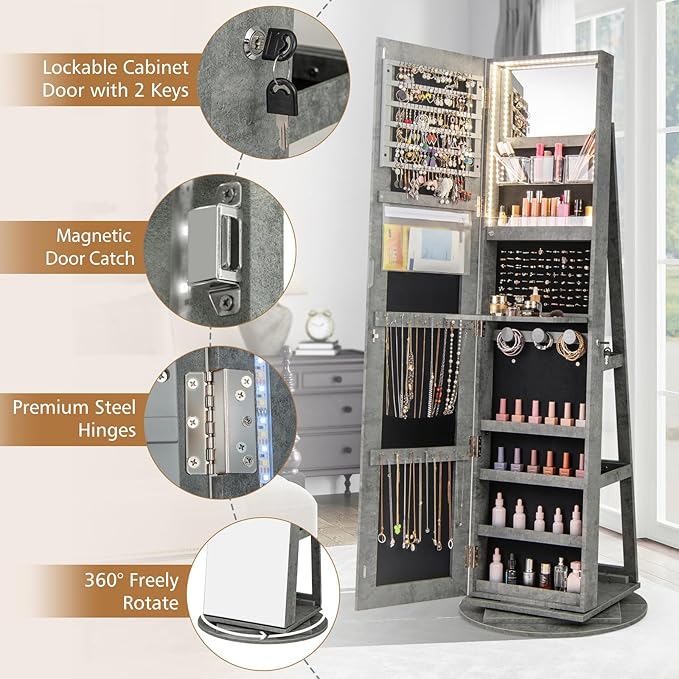 CHARMAID 360° Swivel Jewelry Armoire with Full Length Mirror, Rear Storage Shelves, Lockable Standing Jewelry Cabinet Organizer with Interior Vanity Mirror and 3-Color Lights (Stone Gray)