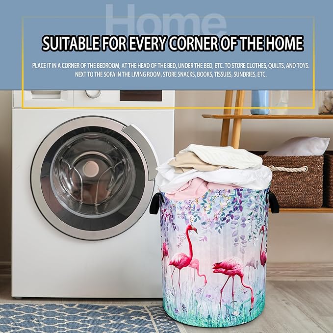 Flamingo Laundry Basket Animal Foldable Oxford Cloth Funny Tote Bag Laundry Hamper Clothes Storage Bucket Toy Organizer For Bathroom/Laundry Storage/Bedroom 18.9x16.5 Inch