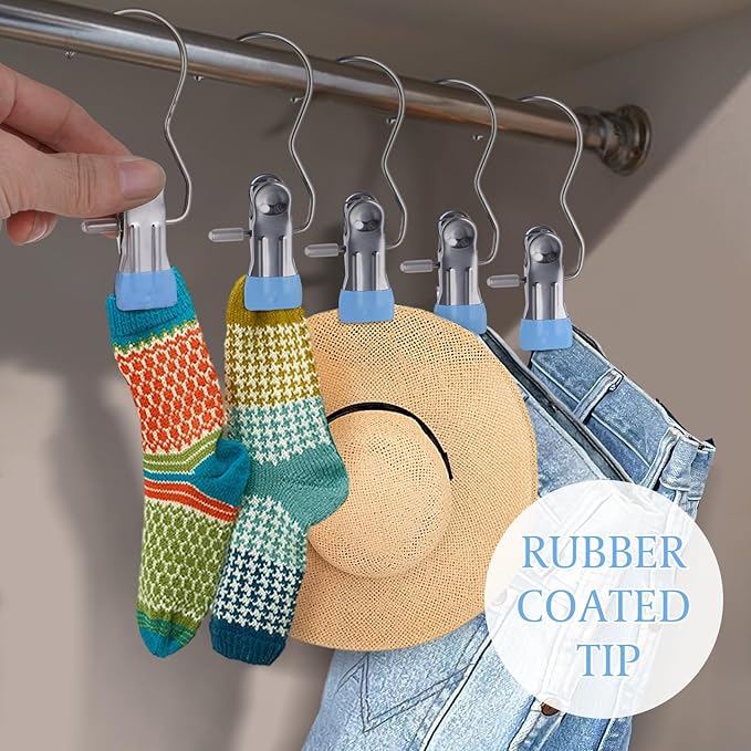 100PCS Space-Saving Clothespin Hat Pants Storage Hanging Travel Hook,Portable 360° Rotating Stainless Steel Hanging Hook Clips Towel Clips,Laundry Hooks Hanging Clips with Clips for Home and Travel