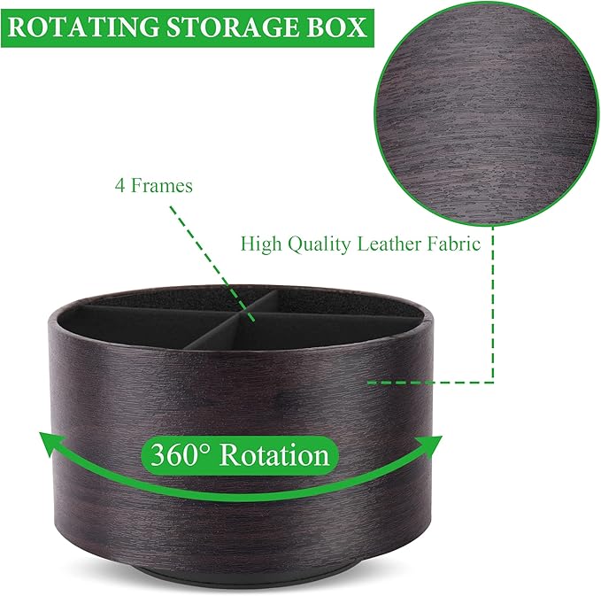 Hennaja Round Leather Art Supply Organizer,Remote Control Holder,360 Degree Spinning,Multi-Functional Pencil Holder,4 Compartments Desktop Stationary Organizer(1-Dark Brown2)