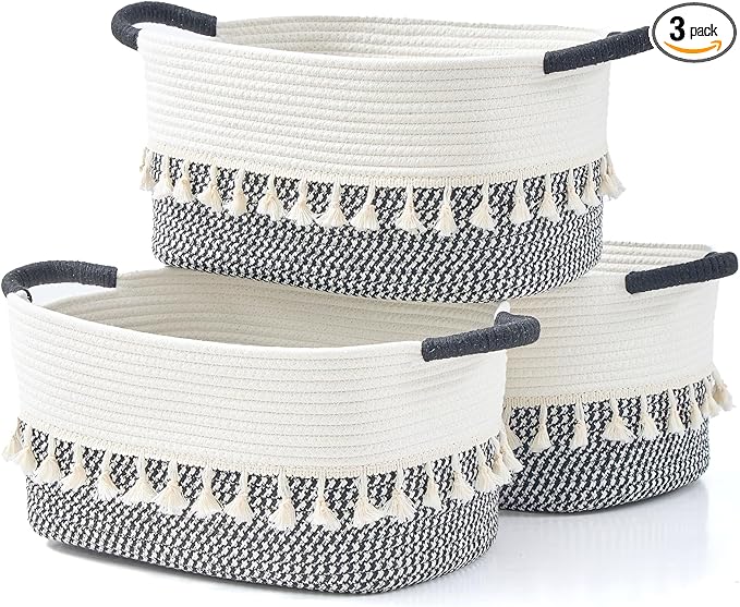 Storage Bins Woven Baskets for Storage Set of 3, Cotton Rope Basket with Handles for Toys/Shelves/Laundry, Rectangle Multi-Purpose Organizer for Living Room, Bedroom, Nursery (White/Black)