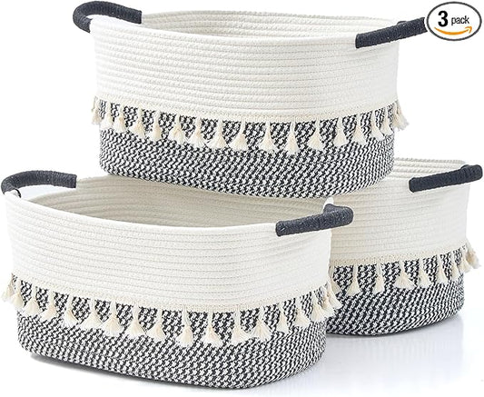 Storage Bins Woven Baskets for Storage Set of 3, Cotton Rope Basket with Handles for Toys/Shelves/Laundry, Rectangle Multi-Purpose Organizer for Living Room, Bedroom, Nursery (White/Black)