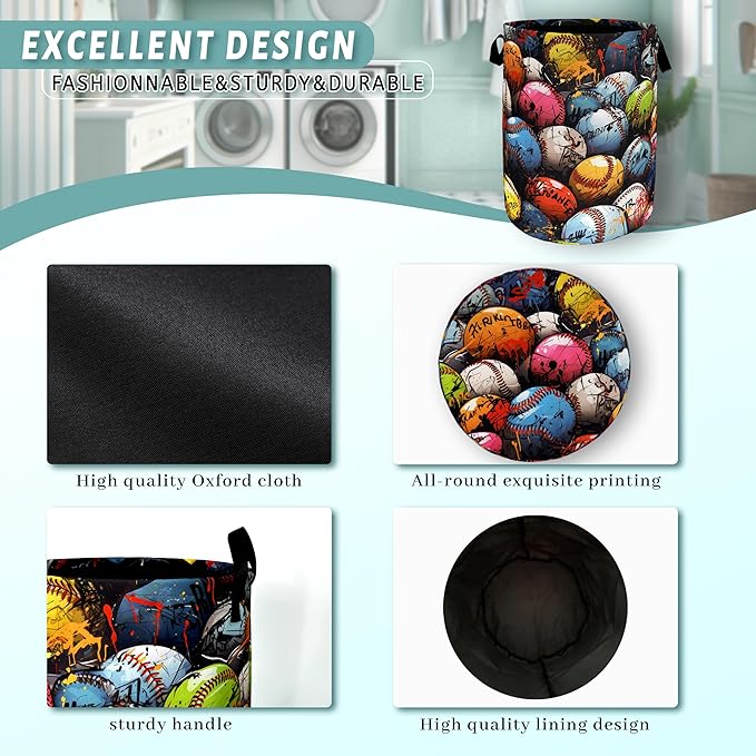 Colorful Baseball Laundry Hamper Foldable With Handles Balls Tote Bag Universal Oxford Cloth Funny Laundry Basket Clothes Toy Storage Bucket 18.9" x 16.5" For Bathroom/Laundry/Bedroom