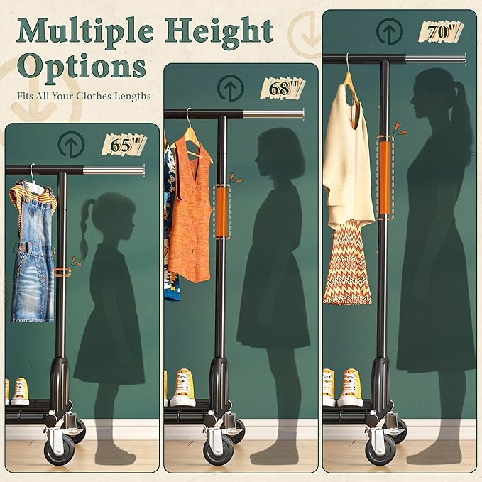Raybee Heavy Duty Clothes Rack, Clothing Racks for Hanging Heavy Clothes 200+, Rolling Clothing Rack Load 530 LBS, Extendable & Adjustable Portable Commercial Garment Rack with Wheels, Black
