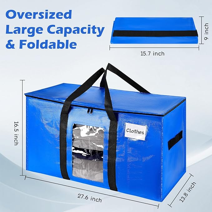 12 Pack Extra Large Moving Bags,Christmas Decoration Storage Bins,37Gallon Heavy Duty Storage Totes with Visible Window & Tag Pocket,Moving Boxes Alternative,Packing Bags For Dorm Closet RV(Blue)
