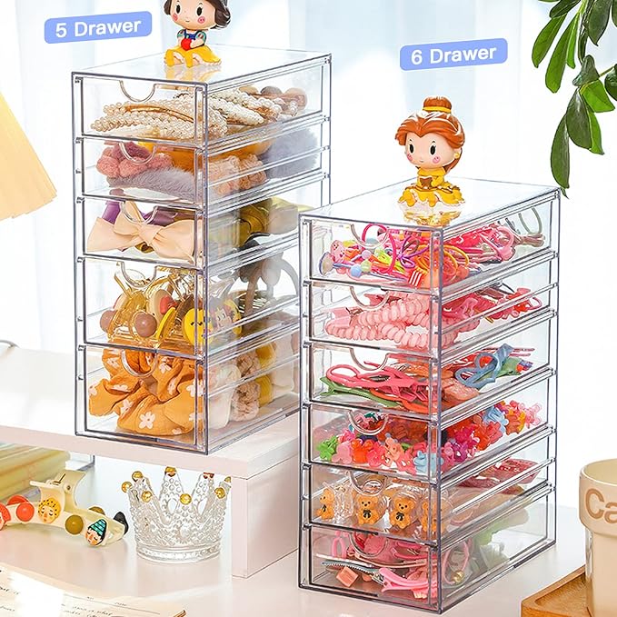 FABROK Clear Hair Accessory Organizer Box with 5 Drawers, Compact Storage Organization Drawers Set for Cosmetics, Glasses, Stationery, Stackable Storage Containers Box for Bathroom, Closet, Office