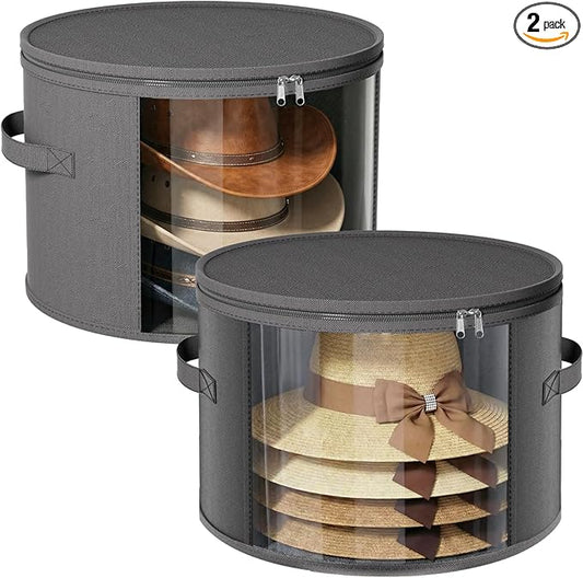 Ofiray-home 2 Pack Large Clear Hat Storage Boxes, Hold up to 7-9 Hats, Hat Organizer for Closet, Sturdy & Foldable, Hat Box with Carrying Handles for Round Brim, Wide-Brim, Cowboy, Sun Hat (Gray)