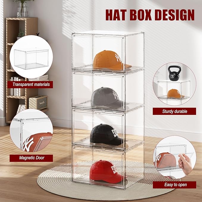 2 Pack Hat Organizer for Baseball Caps, Stackable Hat Storage Box, Acrylic Cap Display Case with Magnetic Door, Cap Holder Container for Closet, Each Holds 10 Hats Clear