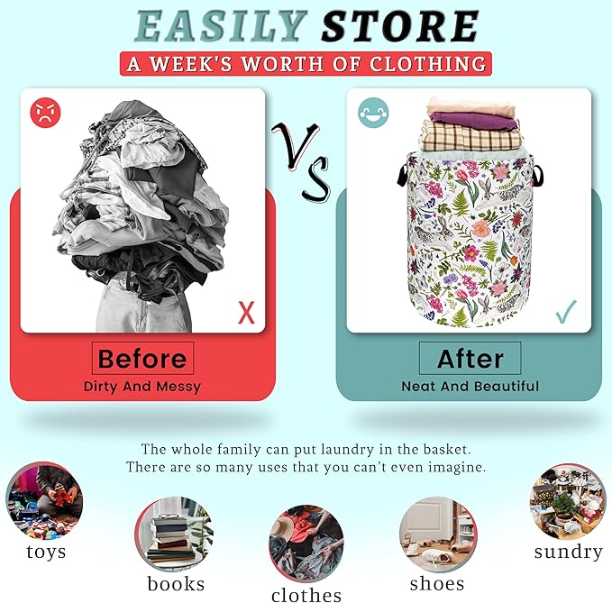 Cute Rabbit Laundry Hamper Foldable With Handles Animal Flower Tote Bag Universal Oxford Cloth Colorful Laundry Basket Clothe Toy Storage Bucket 18.9"x16.5"For Bathroom/Laundry/Bedroom