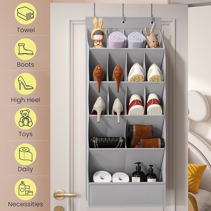 Over the Door Shoe Rack with Large Deep Pockets, Door Shoes Organizer for Closet, Hanging Boots Shoe Rack, Behind the Door Narrow Shoe Holder, Multiple Pockets for Flexible Storage, Grey ﻿