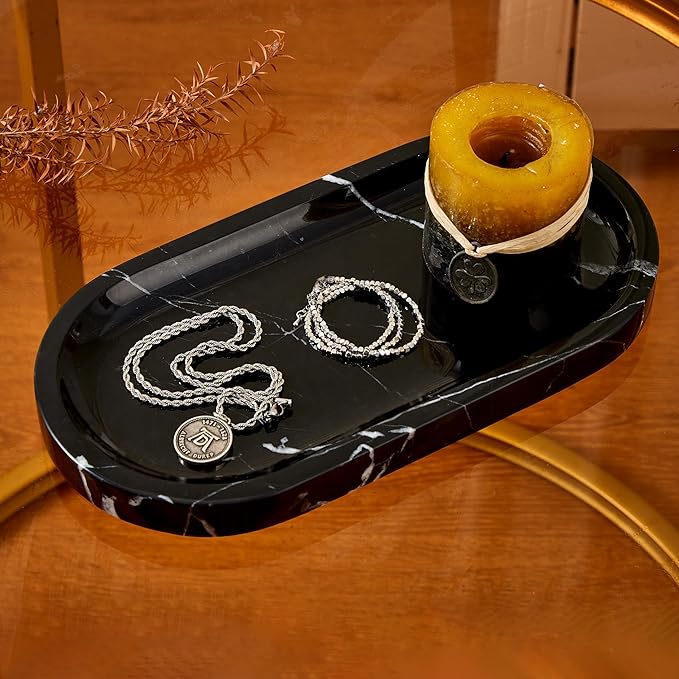 Denique Natural Marble Bathroom Tray, 12"x6" Vanity Tray Black Marble Decorative Tray, Countertop Organizer for Perfume & Candles, Jewelry Dish Ring Holder for Bathroom Counter, Vanity, Dresser