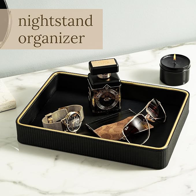 ZHEM Leather Catchall Valet Tray for Men| Mens Valet Catch All Trays| Bedside Organizer for Nightstand| Cologne Tray for Men| Desk Trays (Black)