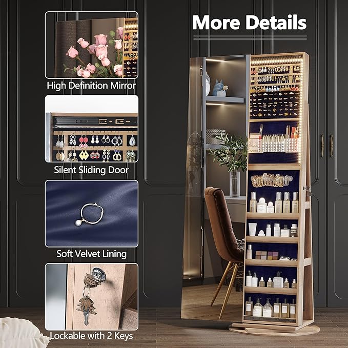 LVSOMT 360° Rotating Full Length Mirror Jewelry Cabinet with Sliding Door, LED Lighted Lockable Jewelry Armoire Organizer, Space-Saving Standing Mirror Storage for Bedroom Dressing Room (Light Wood)
