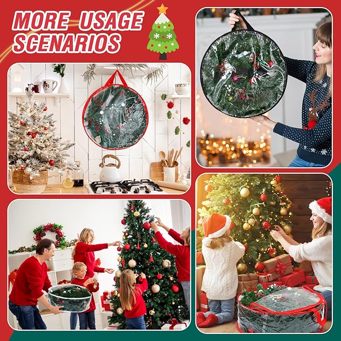 Zhengmy 6 Pcs Clear Christmas Wreath Storage Bag Wreath Storage Container With fixing strap Wreath Storage Box with Handles for Storing Garland Holiday Wreath Wrapping(24 Inches)