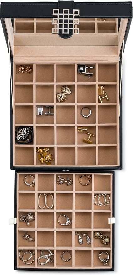 Glenor Co Earring Organizer - Classic 50 Section Jewelry Box/Case/Holder for Earrings, Rings, Necklaces, Jewelry, Cufflinks or Collections -2 Layer Small Compartments with Large Mirror - Black