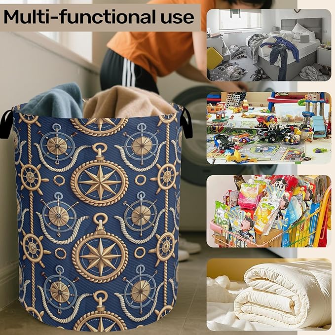 Navy Blue Sailor Anchor Laundry Basket with Handles - Extra Large Foldable Hamper for Bathroom/Laundry/Bedroom/Dorm, Washable Fabric Storage Bin