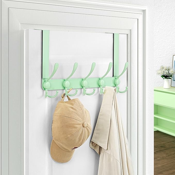 Dseap Over The Door Hook Hanger - Fits 1 3/8" to 1 3/4" Standard Doors | 5 Tri Hooks Heavy Duty Towel/Coat Rack | Door Organizer for Clothes, Jackets, Hats, Towels, Green
