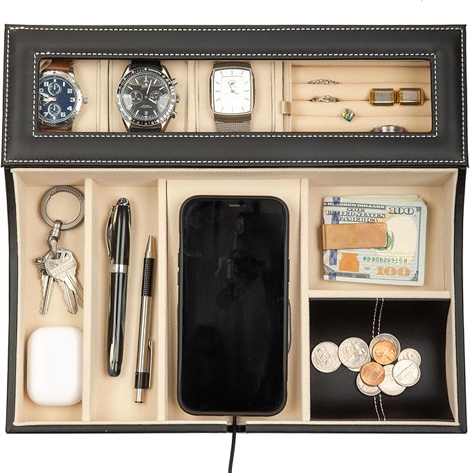 HOUNDSBAY Navigator Large Dresser Valet Tray & Mens Jewelry Box Organizer - Watch Box Organizer for Men with Angled Charging Station (Ivory)