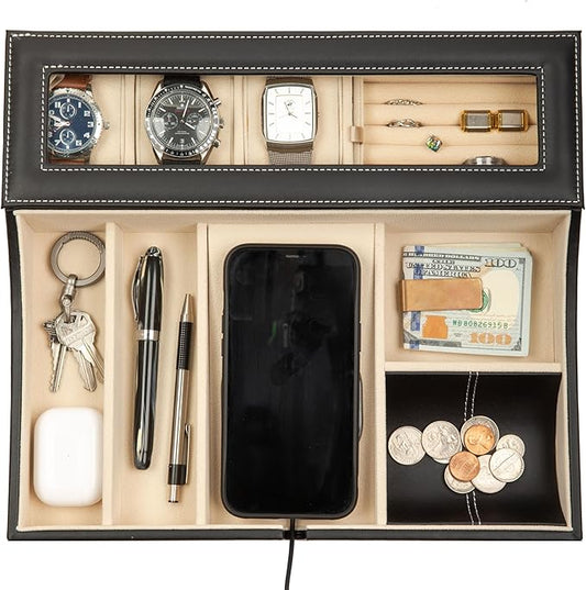 HOUNDSBAY Navigator Large Dresser Valet Tray & Mens Jewelry Box Organizer - Watch Box Organizer for Men with Angled Charging Station (Ivory)