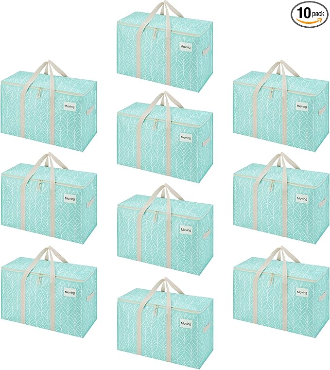 VENO 10 Pack Moving Bags, Heavy Duty, Moving Boxes Alternative, Packing Storage Supplies, Dorm Room Essentials with Zipper for Clothes, Extra Large Packaging Totes (Evergreen, 10 Pack)