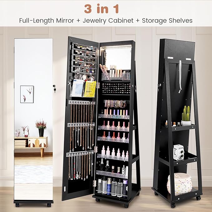 CHARMAID Jewelry Cabinet Armoire with Wheels, 64" Full Length Mirror with Jewelry Storage, 3-Color LED Lights, Adjustable Shelves, Lockable Standing Jewelry Organizer with Back Shelves (Black)
