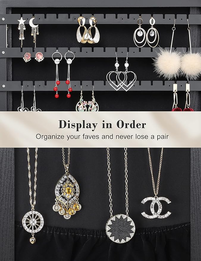 Nicetree 360° Swivel Jewelry Cabinet with Lights, Touch Screen Vanity Mirror, Rotatable Full Length Mirror with Jewelry Storage, Standing Jewelry Armoire Organizer, Foldable Makeup Shelf, Black