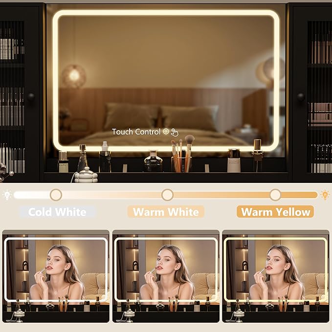 Fluted Makeup Vanity Desk with Mirror and Lights, 55" Glass Top Vanity with 8 Drawers & 4 RGB Glass Cabinets, Adjustable Shelves & Power Outlet, Modern Dressing Table Set for Women Girls Bedroom