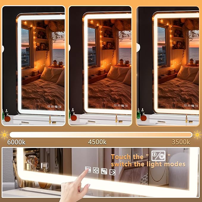 Hasipu Vanity Mirror with Lights and Bluetooth Speaker, 20" x 25" LED Makeup Mirror, Light up Mirror with 10X Magnification and USB Charging Port, Smart Touch 3 Colors Dimmable (White)