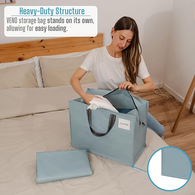 VENO 4 Pack Moving Bags, Christmas Storage Containers, Storage Totes, Zipper On Top, Sturdy, Storage Bags for Camping, Clothes, Bedding, Comforters, Pillows (13 Gallon Light Blue, 4 Pack)