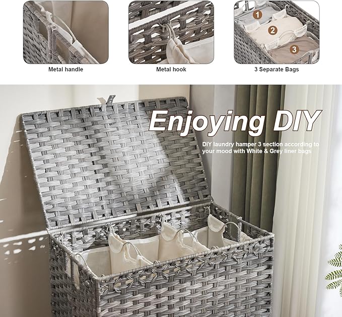 Laundry Hamper with Lid, 190L Large Laundry Basket 3 Section with 6 Removable Liner Bags & 3 Mesh Laundry Bags, Handwoven Rattan Clothes Hamper with Heightened Feet, No Install Needed, Grey