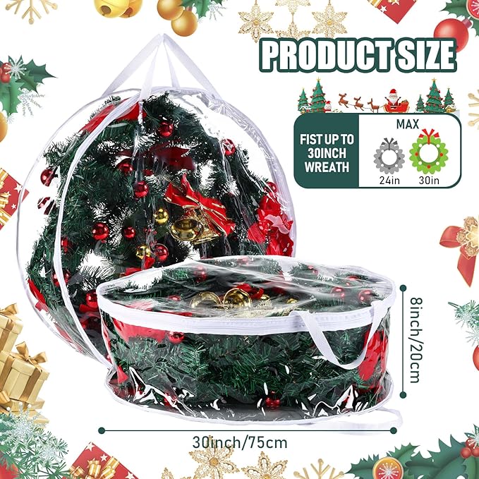 Zhengmy 20 Pcs 30 Inch Christmas Wreath Storage Bags Transparent Wreath Storage Container Bulk Wreaths Box with Dual Zippers and Handles for Xmas Holiday Wreaths Garland