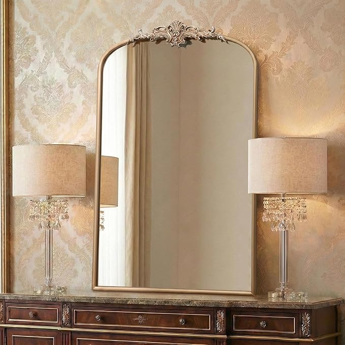 Besdomus Large Antique Wall Mirror: 24"x36" Arched Champagne Gold Vintage Wall Mounted Mirror - Traditional Ornate Home Decor for Entryway/Bedroom/Bathroom - Baroque Idea for Housewife