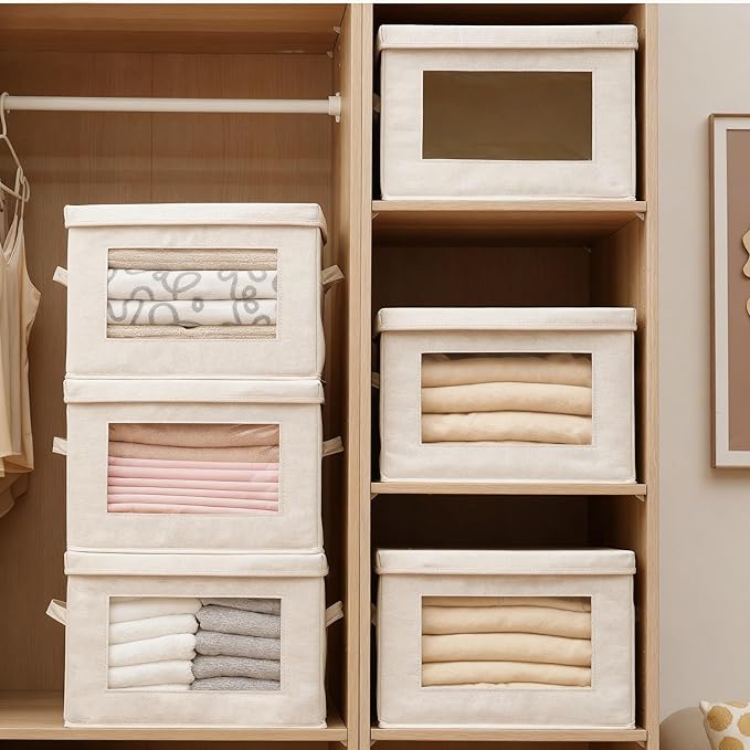 3-Pack Storage Bins with Lids, Fabric Foldable Storage Bins with Soft Cord Handles, Canvas Storage Bin with Lid for Organizing Clothes, Blankets and Books, Beige