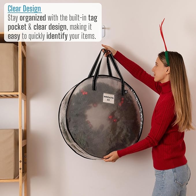 VENO 4 Pack Christmas Wreath Storage Container - 24 Inch Clear Wreath Bag, Christmas Garland and Holiday Decoration Organizers with Zipper and Durable Handles (Clear, 24"-4 Pack)