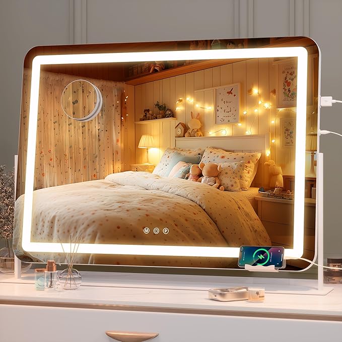 Hasipu Extra Large LED Vanity Mirror 30"x21" - Light up Makeup Mirror with 10X Magnification, Phone Holder, USB Charging & Smart Touch 3-Color Lighting (White)