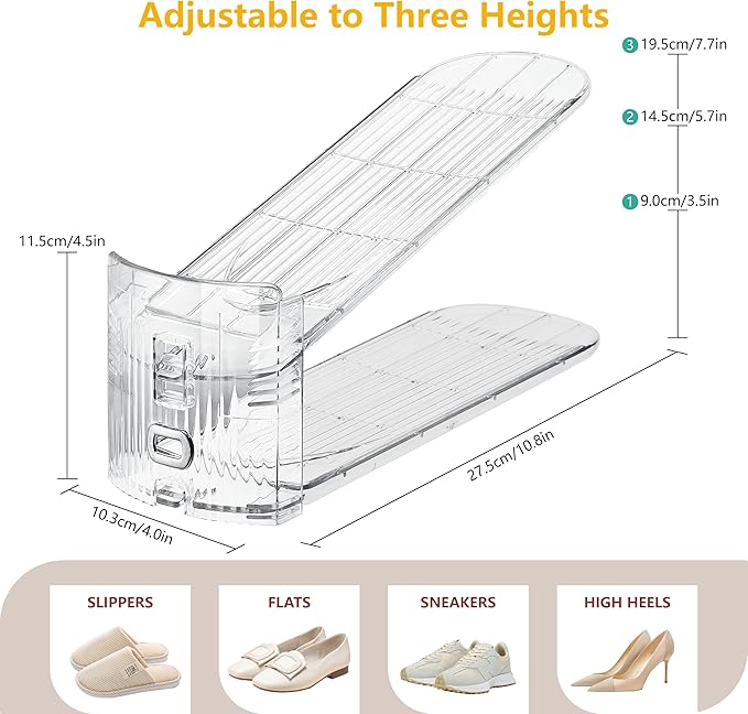 Shoe Slots Organizer for Closet, 6-Pack Adjustable Shoe Stacker & Space Saver Shoe Rack, Clear Double Deck Shoe Storage for Small Spaces (Transparent)