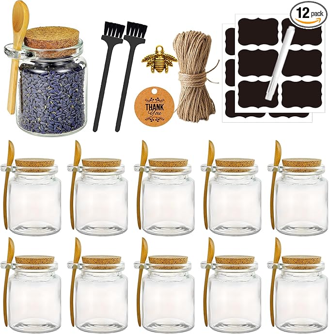 Ahhute Glass Sugar Scrubs Jars, Bath Salt Container 8oz, Salt Cellar with Spoon, Honey Scrubs Jars w/Lids, Labels and Cleaning Brush, Set of 12