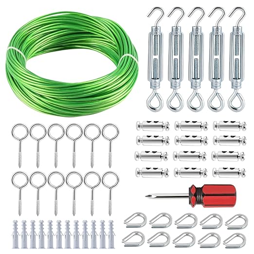 Turnbuckles for Cables Wires, 1/8" X 100Ft Green PVC Coated Cable Kit, Multi-use Wire Rope for Clothesline Wire for T Post/Grape Vine/String Light Hanging Kit
