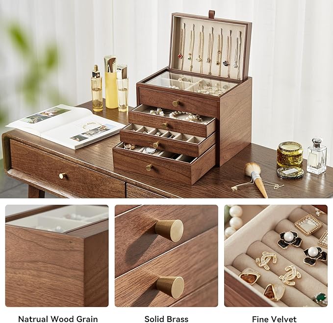 CHOSIN Black Walnut Wooden Jewelry Box for Women, Wood Jewelry Organizer 4 Layer with Glass Lid and Pull-out Necklace Storage Layer, for Watch Necklace Ring Earring Storage Valentine's Day Gifts