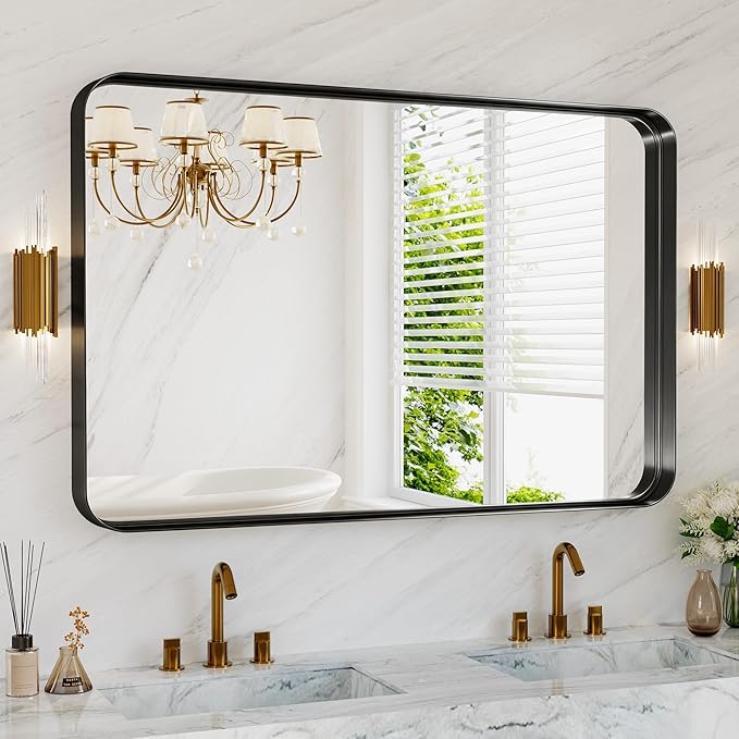 48X30 Inch Black Metal Framed Bathroom Mirror for Wall, Matte Framed Rounded Rectangular Modern Mirrors for Over Sink, Anti-Rust, HD Tempered Glass, Farmhouse, Hangs Horizontally or Vertically