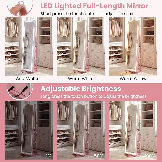 CHARMAID 360° Rotating Jewelry Armoire with LED Lighted Full Length Mirror & Built-in Vanity Mirror, Lockable Standing Jewelry Cabinet with Lights, Large Storage Organizer for Jewelry (Pink)
