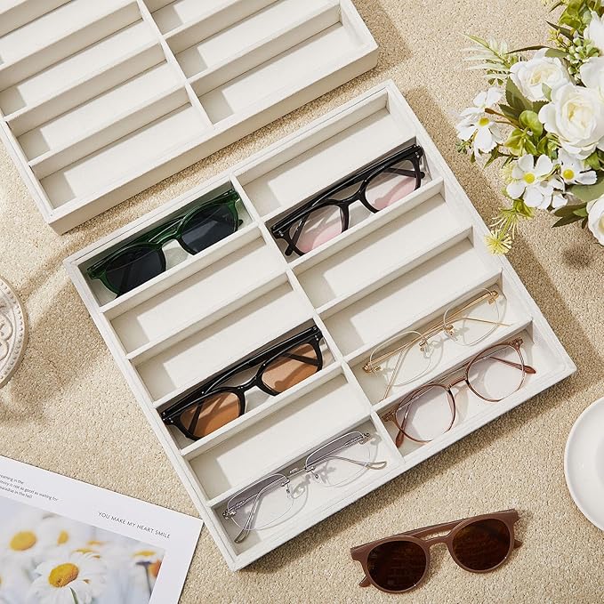 Amylove 2 Pcs Sunglass Organizer Trays Glasses Stackable Jewelry Trays Sunglass Organizer Display Box (12 Grids,Beige)