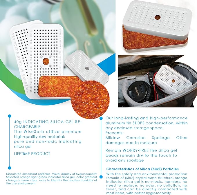 Silica Gel Canister, 40 Gram Silica Gel Desiccant Canister (Orange to Green), Reusable Desiccant Dehumidifier, Pack of 6