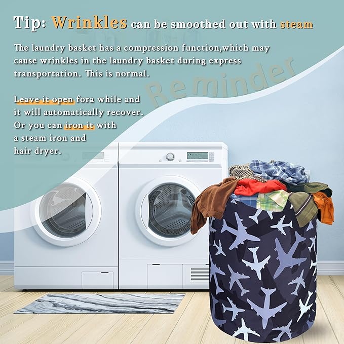 Plane Laundry Hamper Foldable With Handles Colorful Tote Bag Universal Oxford Cloth Blue Funny Laundry Basket Clothes Toy Storage Bucket 18.9" x 16.5" For Bathroom/Laundry/Bedroom