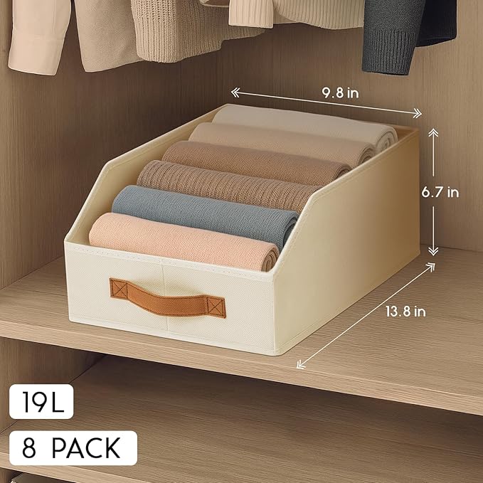 Fabric Storage Bins for Organizing - 8 Pack Large Trapezoid Collapsible Storage Bins with Front Handle, Closet Organizers and Storage for Bedroom, Home Shelves, Small Spaces, Beige