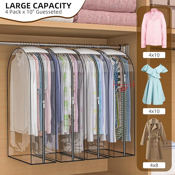 Upgraded Thickened Clear Garment Bags for Hanging Clothes 4 Packs, 10“ Gusseted Clothes Hanging Storage Bags for Closet, Shirts, Coats, Dresses (50 inch)