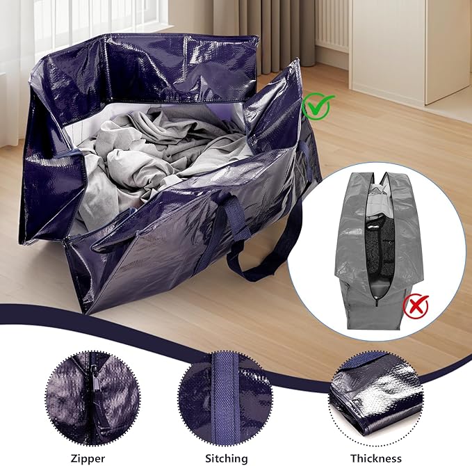 12 Pack Extra Large Heavy Duty Moving Bags with Reinforced Zipper & Wide Handles, Moisture-Resistant Storage Bins Packing Cubes for Clothes, College Dorm, Travel, and Home Organization, DarkBlue