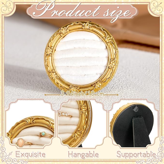 Vintage Ring Holder Round Gold Ring Wedding Display Suede Jewelry Box Stand Frame Earring Tray Anniversary Engagement Baroque Organizer Photograph Prop for Women Birthday Christmas Gift